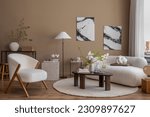 Creative composition of living room interior with mock up poster frame, boucle sofa, wooden coffee table, round carpet, white armchair, magnolia and personal accessories. Home decor. Template.
