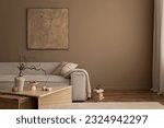 Small photo of Warm and cozy living room interior with mock up poster frame, painting, beige sofa, travertine coffee table, slippers, bowl with nuts, plaid, pillow and personal accessories. Home decor. Template.