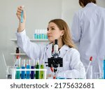 Small photo of Woman caucasian are scientist look at sample in tes tube and scientist man standing at back in laboratory