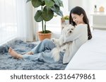 Small photo of Asian young happy cheerful female owner sitting smiling on fluffy carpet floor holding hugging cuddling embracing best friend companion dog white long hair mutt shih tzu together in bedroom at home.