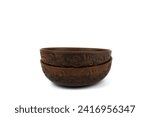 Two deep handmade clay plates in close-up. The bowl is isolated on a white background. Side view. Kitchen utensils, dishes for food.
