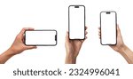 Small photo of Hand holding the black smart phone with blank screen and modern frameless design in two rotated perspective positions - isolated on white background - Clipping Path