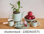 Small photo of Haft Sin traditional table of Nowruz. Persian new year decoration, Table with Haft-seen elements for Novruz, a.Traditional celebration of spring in March, Novruz Holiday.