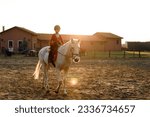 Small photo of Little Boy Riding A White Horse. Horseback Riding. Dressage horse in training, front view. Dressage horse in the arena.