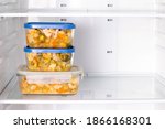 Refrigerator with frozen food (vegetable stew). Ready meal, copy space