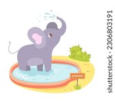 Cute baby elephant bathing in zoo pond vector illustration. Cartoon funny animal standing in pool to splash water from trunk, happy adorable little elephant character playing in summer green park