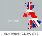 United Kingdom contour map, shape of country with flag. Great Britain and Northern Ireland map silhouette. European country, state in EU. Drawing background. UK map borders. Vector flat illustration