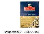 Small photo of MOSCOW, RUSSIA-FEBRUARY 25, 2016: Ceylon tea Riston in a box on a white background popular in Russia