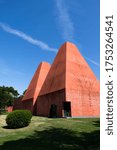 Small photo of Cascais/Portugal -November 24,2018:The Casa das Historias Paula Rego Museum designed by architect Eduardo Souto de Moura.Two pyramid-shaped towers and the red-coloured concrete museum.