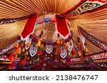 Small photo of Shanyrak, main part of the yurt. Ancient dwelling of a nomad. Traditional national elements ornaments of ancient of nomadic decoration. Embroidery and patterns of ancient nomads