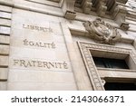 Small photo of Architectural detail of the town hall of Vannes with the motto of the French Republic Liberty, Equality, Fraternity engraved in french on it