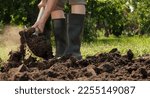 Small photo of Gardening. Tillage. Dig. Planting. Man shoveling dirt shovel in ground. Farmer digging in garden spade soil shovel man farming garden working. Gardener digging soil preparation. Loosen, Horticulture