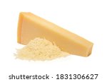 Small photo of Whole and grated italian hard cheese Grana Padano or Parmesan isolated on white background. Delicious ingredient for pizza, sandwiches, salads. Front view.
