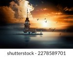 Small photo of Beautiful landscape of Maiden Tower, sea gulls, sunset, clouds and bosphorus of Istanbul in Turkey.