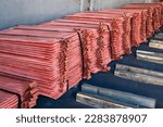 Small photo of Copper cathodes after fire refining, electrolytic refining and casting. Copper concentrates produced by mines are sold to smelters and refiners who treat the ore and refine the copper and charge.