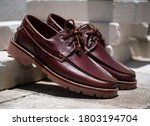 Men fashion Boat shoes leather on the floor.