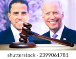 Small photo of Syktyvkar, Komi Republic, Russia, December 10, 2023, Hunter Biden, court session. A court hammer on the background of a photo.