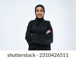 Small photo of Beautiful arab middle-eastern woman with traditional abaya dress in studio - Arabic muslim adult female portrait in Dubai, United Arab Emirates