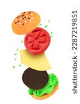 Small photo of Plasticine food. levitating burger made of plasticine is isolated on a white background. cutlet, tomato, lettuce leaves, bun are made of plasticine