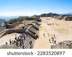 Small photo of Monte Alban, Oaxaca de Juarez, Mexico, 1st of January 2019, A aerial view on mayan pyramid of Monte Alban with tourists