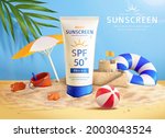 3d summer sunscreen cream ad.... | Shutterstock .eps vector #2003043524
