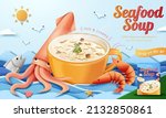 Instant creamy seafood soup ad. 3d illustration of marine lives surrounding a cup of seafood chowder on wavy sea background