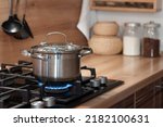 cooking in a stainless steel pot on a gas stove, a pot on a gas burner