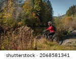 Small photo of sympathetic active senior woman, riding her electric mountainbike in the colorful autumn forests of the Bavarian Alps near Oberstaufen, Germany