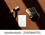 Still life scene with hard shadows on brown background in sunlight palo Santo and blank business, greeting card, invitation mockup. Long harsh shadows. New naturalism 