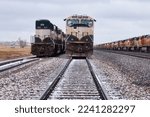 Small photo of Gillette, Wyoming - January 23, 2021: Front of train engines being stored on train tracks near Gillette, Wyoming.