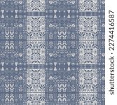 Small photo of Farm house blue intricate damask seamless pattern. Tonal french country cottage style background. Simple rustic fabric textile for shabby chic patchwork.