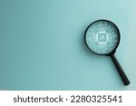 Small photo of Ai(Artificial Intelligence) concept.,Magnifying glass with Ai Data and connect icon on right corner over blue background with copyspace use for business technology idea.