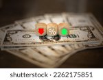 Dollar Bills and Dice Analyzing Currency Fluctuations, Risk Management, and the US Federal Reserve Policy Through Red-Green Arrow Displays and Percentages
