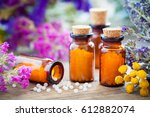 Bottles of homeopathic globules and healing herbs and flowers. Homeopathy medicine.