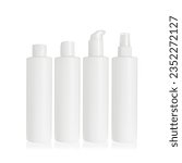 Small photo of Group of white cosmetic transparent bottles isolated on white background with disc top cap, flip cap, lotion pump and spray pump. Packaging of bottles for cosmetics and medical products.