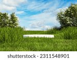 Natural podium backdrop for product display with sky background, Blank showcase mockup with natural environment, 3d, Cosmetics or beauty promotion, Nature pedestal with grass, plants, bushes