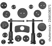 Small photo of Brake caliper wind back tool kit includes retaining plates, left and right thrust bolt assemblies, and many adapters isolated on a white background