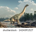 Brachiosaurus was a sauropod dinosaur, one of the largest and most popular. It lived in during the Late Jurassic Period. Standing in a rocky stream. 3D Rendering