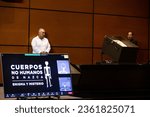 Small photo of Mexico City, Mexico September 12 2023. Mexican ufologist Jaime Maussan presented two supposed "non-human" bodies found in Peru in the Mexican Congress during a public assembly.