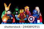 Small photo of KYIV, UKRAINE - MARCH 17, 2024: LEGO Marvel's Avengers. Doctor Strange, Captain America, Thor, Hulk, Spider-Man and Iron Man on a black background