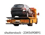 Isolated tow truck. the Tow truck with the broken family car on the road. Car service transportation concept. Tow truck transporting the vehicle on a highway. No background.