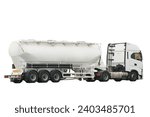 Small photo of A semi truck carrying a propane tank with hazard labels drives on a highway. The tank has a high-temperature liquid hazard and a miscellaneous hazard label. The truck is transporting goods