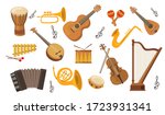 Musical instrument set. Accordion, guitar, harp, ethnic drum, violin, saxophone. Can be used for orchestra, acoustic concert, music, school concept