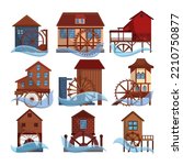 Old water mills on rivers vector illustrations set. Collection of cartoon drawings of wooden houses with waterwheels or wheels isolated on white background. Industry, agriculture concept