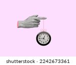 Creative collage of hand holding clock. The concept of time for different cases. Modern design. Copy space.