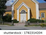 Small photo of Ikaalinen, Finland - July 15 2020: Close up of entrance to Ikaalinen Church, also known as Fredrika Sofia Church.