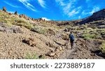 Small photo of Man with backpack on hiking trail with panoramic view on summit of Pico del Teide, Mount El Teide National Park, Tenerife, Canary Island, Spain, Europe. Walking over barren volcanic stone terrain