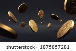 Bitcoins 3D Render Isolated Cryptocurrency Dark Background Studio Photo Realistic Golden Coins Bouncing