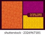 Set of patterns or backgrounds with dia de muertos elements such as pan de muerto, cempasuchil, portrait, etc. Mexican tradition. In text "day of the dead pattern and backgrounds"