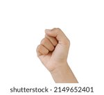 Small photo of Close up Asian female hand show stranglehold, arm and hand isolated on a white background